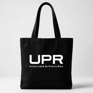 Bolso de mano (tote bag) negro con texto UPR blanco